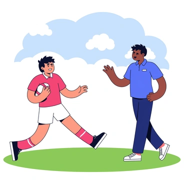 A young rugby player wearing a red jersey and white shorts is practicing passing techniques. The player is focused, holding a rugby ball with both hands. A coach in a blue polo shirt stands nearby, demonstrating the correct form for passing. The scene takes place on a green grassy field with clear blue skies above, dotted with a few fluffy white clouds. Sunlight casts soft shadows on the ground, highlighting the intensity of the practice.