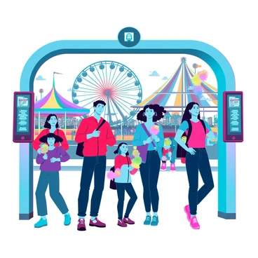 A group of people entering an amusement park through advanced facial recognition gates. The gates have sleek, metallic frames and glowing LED panels displaying user data. The visitors include a family with two children, a couple, and a group of friends, all showing varied expressions of excitement and anticipation. The children are holding colorful cotton candy, while the adults carry backpacks and cameras. In the background, vibrant amusement rides and attractions can be seen, with bright, inviting colors and lots of activity around them. The sky above is clear, enhancing the lively atmosphere of the park.