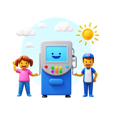 A friendly hemodialysis machine with a smiling face, positioned at the center of the page. The machine features colorful buttons and bright screens, giving it a welcoming appearance. Surrounding the machine are playful, cartoon-style characters, including a child and a nurse, both looking happy and engaged. The background includes cheerful elements like clouds and sunshine, enhancing the friendly atmosphere of the scene. The overall composition conveys a sense of warmth and reassurance.
