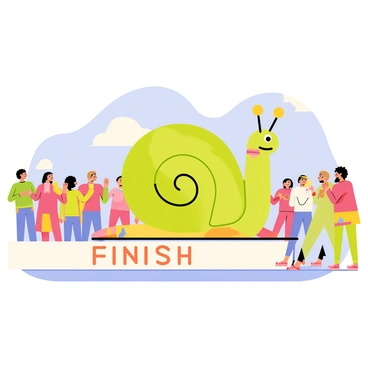 A cartoon-style illustration of a snail wearing bright red running shoes and a colorful headband. The snail's shell is a vibrant green with swirls of yellow. The scene shows the snail in motion, leaving a trail behind as it crosses a white finish line with "FINISH" written in bold letters. Various spectators, like excited animals clapping on the sidelines, are cheering as the snail approaches the end of the race. A clear blue sky and a sunny background enhance the energetic atmosphere of the scene.