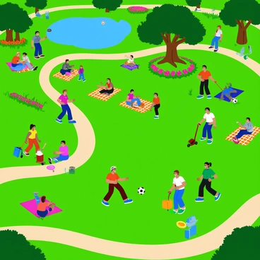A bustling city park filled with vibrant green grass and colorful flower beds. Groups of people are enjoying picnics on checkered blankets spread across the lawn. Some individuals are playing various sports, including a soccer game with players in bright jerseys and a group playing frisbee nearby. Children are riding bicycles along winding paths, with a few on scooters and others engaging in tag. A large oak tree provides shade for a family gathered under it, while a nearby pond reflects the blue sky. The scene is lively with people laughing and enjoying their day.