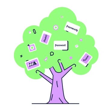 A large tree stands in an open area, its trunk wide and textured. The branches extend outward, creating a full canopy. Each leaf on the tree is unique, shaped like a small card, with a different "password" written in a clear font on each. The leaves vary in size, with some larger and more prominent than others. Scattered among the leaves are small symbols representing various online accounts. The overall scene captures the essence of a digital security theme, with the leaves conveying a sense of organization and variety.