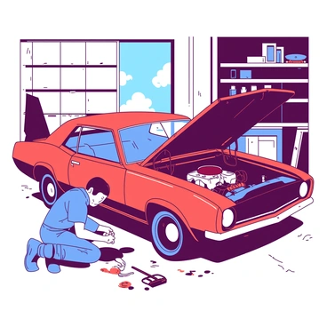 A mechanic with short brown hair and a blue jumpsuit is crouched down, focused on the engine of a classic American car. The car has a sleek shape with glossy red paint, and the hood is propped open revealing intricate details of the engine. Tools are scattered on a nearby workbench, and there are oil stains on the concrete floor. A large window in the garage provides natural light, illuminating the mechanic's concentrated expression as he tightens a bolt in the engine. In the background, various car parts and equipment are organized neatly on shelves.