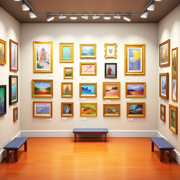 A gallery room with walls covered in a diverse range of framed illustrations. Each wall features a unique combination of illustrations in different styles, sizes, and colors. The frames vary from ornate gold to simple black, enhancing the visual variety. The floor is polished wood, reflecting the light from overhead spotlights that highlight the artworks. Small, elegant labels accompany each illustration, providing titles and artists' names. A few benches are placed strategically for visitors to sit and admire the art.