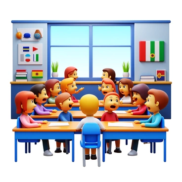 A classroom filled with children engaged in learning. The children are practicing speaking two different languages, showing expressions of concentration and excitement. Around them are various cultural symbols representing the languages they are learning. There are colorful flags, traditional costumes, and artifacts from different cultures placed on the walls and desks. The classroom has large windows allowing natural light to illuminate the space, enhancing the vibrant atmosphere. The children are diverse in ethnicity, each actively participating in discussions and activities.