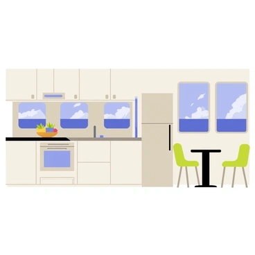 A compact galley kitchen located on a yacht, featuring smooth white cabinetry and stainless steel accents. The kitchen is equipped with sleek appliances, including a built-in oven, a microwave, and a refrigerator seamlessly integrated into the cabinetry. A narrow countertop runs along one side, providing space for meal preparation. Above the countertop, there are overhead cabinets for storage. A small round dining table with two chairs is positioned at the far end of the kitchen, creating a cozy dining area. Large windows allow natural light to flood the space, showcasing a view of the ocean outside.