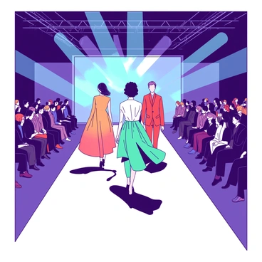 A fashion show is taking place in a large, modern venue filled with bright lights. On the runway, models are wearing clothing designs made with "PMAT" materials that exhibit dynamic color changes. The first model steps out in a dress that transitions between teal and white, fabric flowing elegantly as she walks. Another model follows in a suit that shifts colors from orange to red with each movement. The audience is captivated, and the atmosphere buzzes with excitement as the colors transform under the flashing lights. The runway is lined with photographers capturing the vivid displays of fashion innovation.