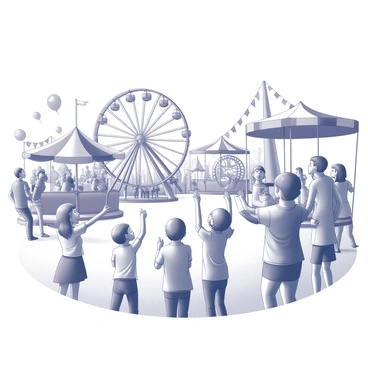 A carnival scene filled with various rides, including a Ferris wheel, roller coaster, and carousel. The rides are bustling with activity, showing people enjoying themselves. In the foreground, a group of children is pointing upwards with expressions of surprise and excitement. Nearby, adults display a mix of shock and curiosity, turning their heads toward the source of the sound. Balloons and colorful banners are scattered throughout the area, adding to the lively atmosphere. A faint, distant shockwave can be visually suggested by the rippling of nearby flags and the movement of people's clothing.