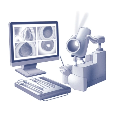 A medical monitor displays real-time endoscopic images. The screen shows detailed visuals of internal anatomy, including the walls of a digestive tract. A healthcare professional is positioned beside the monitor, wearing surgical gloves and focused on the images. Surrounding the monitor are various surgical instruments, organized on a nearby tray. The environment includes sterile lighting and medical equipment in the background, creating a clinical setting.