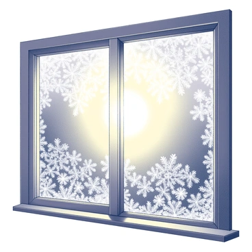 A window with intricate frost patterns covering its surface. The light of the morning sun is breaking through the frost, casting soft shadows and illuminating the details of the icy designs. The glow from the outside creates a warm contrast against the cold, textured frost. The scene captures the serene moment of dawn as the world outside begins to wake up.
