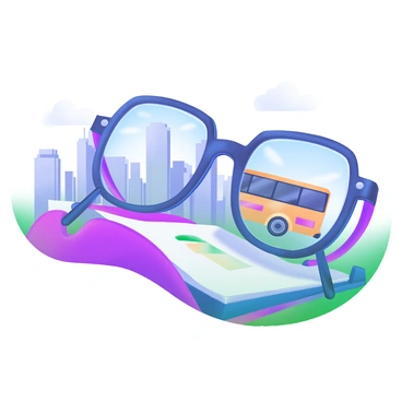 A pair of reading glasses rests on a smooth surface, reflecting a vibrant city skyline. In the reflection, a city tour bus can be seen, adorned with bright colors and markings indicating it’s a tourist vehicle. The skyline features tall buildings with various architectural styles, reaching up towards a clear blue sky. The glasses are slightly tilted, enhancing the reflection effect, while soft shadows are cast on the surface beneath them.