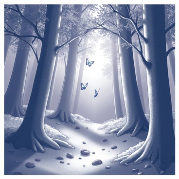 A dense forest with tall trees, their trunks thick and gnarled. The branches are adorned with lush leaves, creating a canopy overhead. The ground is covered in soft moss and scattered with small stones. In the air, several butterflies are present, their wings slightly spread, emitting a soft glow. The scene is bathed in dim light, hinting at twilight. Shafts of light filter through the branches, illuminating patches of the forest floor.