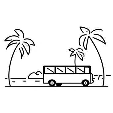 A bus is driving down a street lined with tall palm trees, their fronds swaying gently. The bus is detailed with windows and wheels clearly visible. In the background, the ocean can be seen, its waves gently lapping against the shore. The sky is open and expansive, creating a sense of depth in the scene. The palm trees create a rhythmic pattern along the street, framing the view of the bus and the ocean beyond.