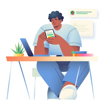 A student with dark skin and curly hair is sitting at a wooden table, looking at her smartphone. She is wearing a light blue t-shirt and denim jeans. The phone screen displays a mobile money transfer app with a notification showing "Scholarship Payment Received." Next to her on the table is an open laptop and a stack of books. A pen lies beside the laptop, and there is a potted plant in the background. The atmosphere is bright and encouraging, reflecting the student's excitement.