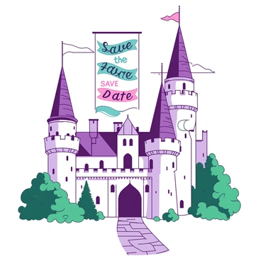 A duotone castle with tall, pointed towers and intricate stonework stands majestically. Various banners are hanging from the castle's towers, each displaying the text "Save the Date" in elegant script. The banners flutter in the wind, adding a sense of movement to the scene. The sky above the castle is clear, emphasizing the castle's grandeur and the vibrant colors of the banners. Green trees surround the castle, and a stone pathway leads up to its grand entrance.