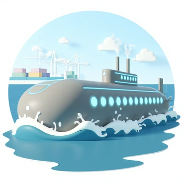 A futuristic cargo submarine emerging from the ocean near a modern port