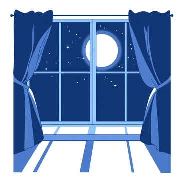 A large window is framed by heavy curtains, partially drawn to reveal a bright full moon outside. The moonlight casts a soft, silvery glow into the room, illuminating the space with a serene light. Shadows dance across the floor, creating an interplay of light and dark. The window's edges are adorned with intricate designs, enhancing the view of the night sky filled with stars. A faint breeze causes the curtains to flutter gently, adding a sense of movement to the scene.