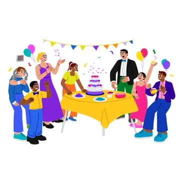 A lively scene featuring family members joyfully interacting during a wedding reception. There are several adults and children gathered around a beautifully decorated table laden with an array of colorful dishes and drinks. One woman in a bright blue dress is laughing heartily, while another in a pink gown is playfully tossing confetti into the air. A young boy wearing a bowtie is trying to catch the confetti with his hands. In the background, a couple is cutting a stunning multi-tiered wedding cake adorned with flowers. Balloons and streamers in various colors decorate the space, adding to the festive atmosphere. Everyone exhibits expressions of joy and excitement.