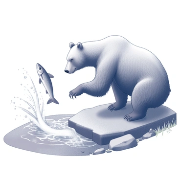 A grizzly bear crouching by the edge of a rushing river. The bear is focused on the water, with its paws partially submerged, as it prepares to catch a salmon leaping out of the river. The river is depicted with strong currents and splashes of water flying around. Surrounding the scene are smooth rocks and patches of grass at the riverbank. The bear's fur is textured, highlighting its powerful physique. The dynamic movement of the water complements the bear's intensity and focus on catching its prey.