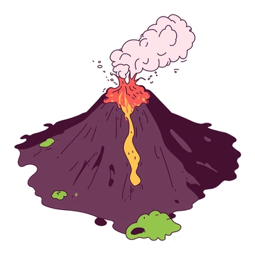 A birds-eye view of a volcanic eruption is depicted. In the center of the image, lava is spewing from the volcano's crater, flowing down the sides of the mountain. Surrounding the eruption, a thick cloud of ash rises high into the atmosphere, creating a dramatic contrast with the vibrant lava. The landscape features dark rocky terrain surrounding the volcano, with patches of green vegetation visible in the distance, providing a stark contrast to the fiery scene.