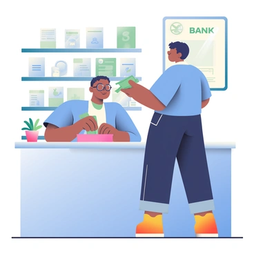 A person with light brown skin and short black hair is standing at a bank counter. They are wearing a blue button-up shirt and dark jeans. The individual is placing a stack of bills into an open deposit slip holder. In front of them, a bank teller with medium skin and glasses is attentively assisting. The teller is wearing a white blouse and has a name tag on the uniform. Behind the counter, there are shelves filled with brochures and a digital display showing the bank's logo. A small potted plant sits on the corner of the counter, adding a touch of green to the scene.