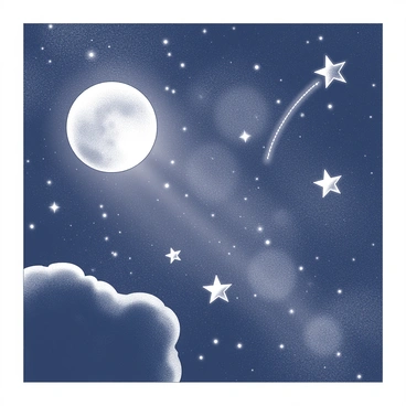 A night sky filled with intricate patterns of swirling galaxies. The scene features multiple shooting stars streaking across the sky, capturing the movement and energy of the moment. A large moon is prominently displayed, shining brightly in the background, illuminating parts of the surrounding sky. The overall composition highlights the vastness and wonder of the universe.