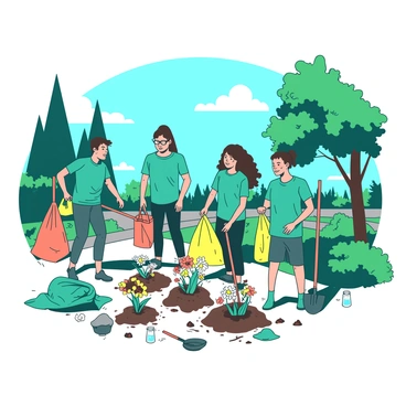 A group of volunteers is actively engaged in cleaning up a city park. Some volunteers are picking up pieces of trash and placing them into bright yellow trash bags, while others are planting colorful flowers in freshly dug holes. The sun is shining brightly, casting shadows on the ground, and there are various tools such as shovels and rakes scattered around. In the background, trees provide shade, and a clear blue sky is visible above. The volunteers are wearing matching teal t-shirts, creating a cohesive and united appearance as they work together for the community.