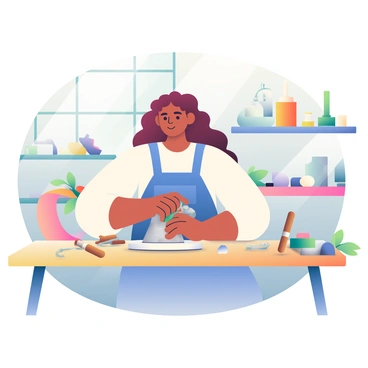 A woman with light brown skin and long, curly hair is focused on sculpting a clay statue in her workshop. She is wearing a rolling sleeves, white shirt and denim overalls. Her hands are covered in clay as she shapes a figure on a wooden table. Various sculpting tools, including wooden modeling tools and metal scrapers, are scattered around her. There are small pieces of clay in different colors and sizes on the table, along with a spinning pottery wheel nearby. Natural light filters through a window, illuminating the workspace filled with art supplies and unfinished sculptures.