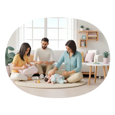 A doula, wearing a light blue blouse and khaki pants, is sitting on a soft beige rug in a warm living room. She is demonstrating infant massage techniques, gently and carefully holding a small baby who is swaddled in a pastel-colored blanket. The parents, a man and a woman, are sitting close by on a cozy couch, attentively watching and taking notes. The living room has wooden shelves filled with books and plants, and a large window lets in soft, natural light, creating a welcoming atmosphere. On a nearby table, there are various baby care items, including lotion and soothing toys.