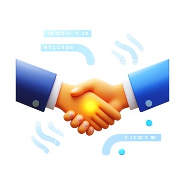 A 3D virtual handshake between two human hands, each rendered in a sleek, futuristic design. The hands are shown in mid-motion, coming together with a glowing effect at the point of contact. Surrounding the handshake are digital effects, such as floating data streams and binary code, illustrating the theme of connection and communication. The background is a subtle gradient, enhancing the focus on the handshake.