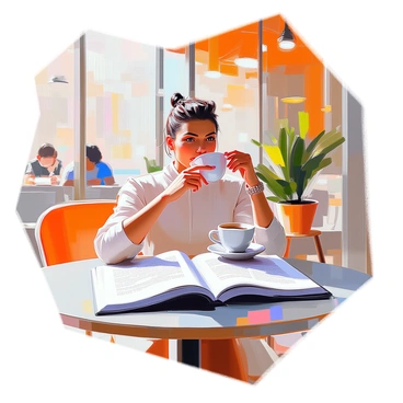 A magazine spread featuring an interview with a famous celebrity sitting at a trendy café. The celebrity, with styled hair and a fashionable outfit, is holding a cup of coffee, taking a thoughtful sip. The café is bustling with patrons and has modern decor, with potted plants and stylish lighting fixtures. A table in front of the celebrity displays an open magazine with the interview headline "A Candid Conversation." Soft sunlight filters through the large windows, casting gentle shadows across the scene.