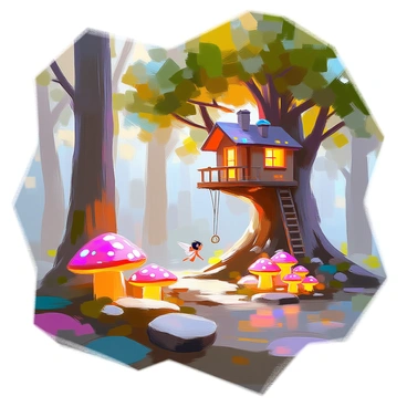 An enchanted forest scene filled with tall, ancient trees with thick trunks and lush green foliage overhead. The ground is dotted with clusters of "glowing mushrooms" emitting soft lights in various colors, creating a magical atmosphere. Small "fairies" with delicate wings flit between the trees, their forms shimmering as they move. In the background, there is a "whimsical treehouse" nestled high among the branches, featuring irregular shapes, colorful decorations, and a rope ladder hanging down. The entire setting is alive with the vivid colors and enchanting details of this magical forest.