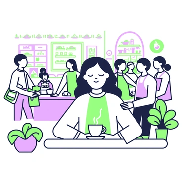 A woman in a busy cafe taking a moment to close her eyes and breathe deeply