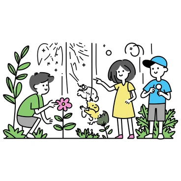 A group of three children is exploring a dense jungle. One child, wearing a green t-shirt and brown shorts, is crouching down to observe a vibrant red flower. Another child, dressed in a yellow dress, is pointing excitedly at a colorful parrot perched on a nearby branch. The third child, wearing a blue cap and cargo pants, is holding a magnifying glass, inspecting a unique leaf. Surrounding them are lush green ferns and tall trees, with rays of sunlight filtering through the thick canopy above. "Exotic plants and animals" can be seen in the background.