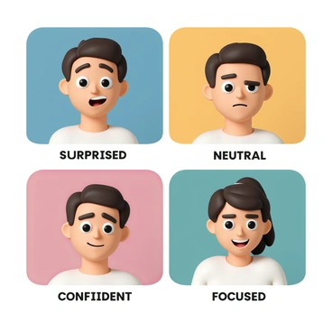 A comic strip with four panels. The first panel features a person with wide eyes and raised eyebrows, showcasing a "surprised" poker face, with their mouth slightly agape. The second panel displays a character with narrowed eyes and a flat mouth, exhibiting a "neutral" poker face, conveying no emotion. The third panel portrays an individual with a slight smirk and relaxed shoulders, representing a "confident" poker face. The final panel shows a person with furrowed brows and pursed lips, indicating a "focused" poker face. Each panel has distinct, colorful backgrounds to differentiate the emotions.
