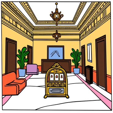 A grand hotel lobby from the early 20th century with intricate architectural details. The high ceiling is adorned with elegant chandeliers and decorative moldings. Polished marble floors reflect the warm glow of the lighting. In the center of the lobby, there is an ornate slot machine with intricate carvings and vintage design elements. Plush seating areas with richly upholstered furniture are placed around the lobby, and a large reception desk made of dark wood is visible in the background. Elegant potted plants add a touch of greenery to the space.