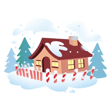 A cozy winter cottage surrounded by candy cane fences