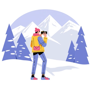 An artist stands in a snowy landscape, holding a camera in hand. The artist is wearing a colorful winter jacket and a knitted hat. Snow covers the ground and blankets the trees, creating a serene scene. In the background, snow-capped mountains rise under a clear blue sky. The artist looks through the camera lens, ready to capture the picturesque view of the white-covered terrain. Flakes of snow gently fall around, adding to the winter atmosphere.