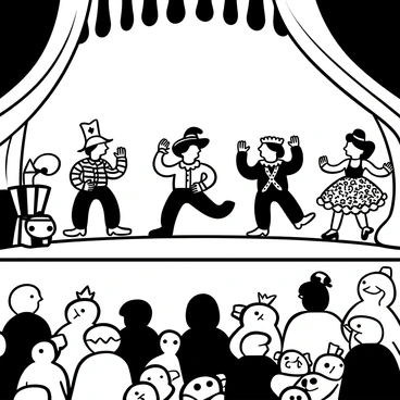 A stage with vibrant curtains is set for a whimsical theater show. In the center, sardines dressed in elaborate, colorful costumes are dancing energetically. Each sardine has a unique outfit, including a jester suit, a pirate ensemble, and a fairy dress, showcasing intricate patterns and textures. Surrounding the stage are musical instruments and props, enhancing the theatrical atmosphere. The audience consists of various fish characters, all focused on the performance. The overall composition captures the lively essence of the show in a black-and-white illustration.