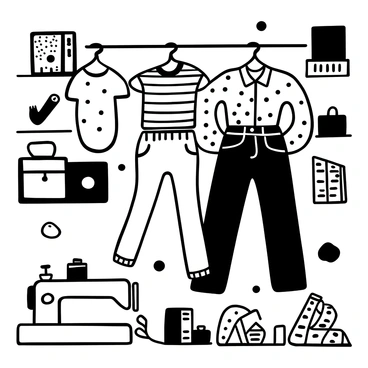 A collection of clothing items draped on a clothes rack, showcasing various playful patterns and textures. The garments include a shirt with polka dots, a pants with stripes, and a jacket with geometric shapes. Each piece features contrasting textures such as smooth fabric, rough denim, and soft knit. Surrounding the clothing are scattered fabric swatches displaying vibrant patterns. A small sewing machine sits nearby, surrounded by colorful spools of thread and measuring tape. The background reveals shelves filled with fashion design books and sketchpads.