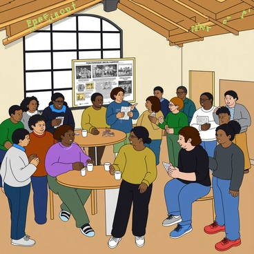 A large community hall with high ceilings and colorful banners hanging from the walls. Inside, many people of diverse backgrounds are gathered in small groups, animatedly discussing the "Freedom Riders' mission." Several individuals are holding pamphlets, with some pointing to a large poster displaying images of historic events. The atmosphere is lively, with a mix of emotions visible on the faces of the attendees. Some people are seated at round tables with cups of coffee, while others stand in clusters, leaning in to share their thoughts. A large window allows natural light to fill the room, illuminating the engaged expressions of the participants.