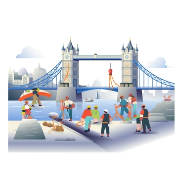 A historical scene showing the construction of Tower Bridge in the 19th century