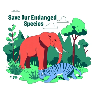A red elephant stands majestically in a lush green environment, surrounded by tall grass and vibrant trees. Nearby, a blue tiger is crouched low, observing its surroundings with keen eyes. In the background, a mix of various plants and trees creates a rich habitat, enhancing the natural feel of the scene. The sky overhead features a gentle gradient with soft clouds, adding depth to the tranquil atmosphere. "Save Our Endangered Species" is written prominently at the top in bold letters.