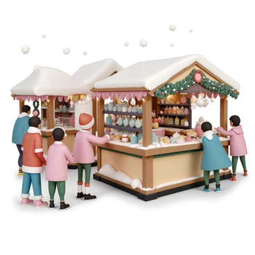 An elf on the shelf, wearing a red and white outfit with a playful expression, is perched on a wooden stall at a bustling holiday market. The market is filled with people dressed in winter clothing, such as coats, scarves, and hats, as they browse the various stalls. Each stall is decorated with twinkling lights, garlands, and wreaths, showcasing an array of festive goods like handmade ornaments, colorful candies, and warm holiday beverages. The elf is looking curiously at a stall selling intricately designed ornaments while nearby, children are joyfully pointing at a stand filled with holiday treats. Snowflakes gently fall from the sky, adding to the festive atmosphere.
