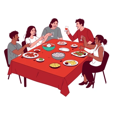 A red table is filled with diverse people of various ethnicities enjoying a celebratory meal. Groups of individuals are seated around the table, smiling and engaging in conversation. On the table, there are several dishes from different cultures, including a teal bowl of sushi, a white platter of pasta, and a colorful array of spices in small bowls. Everyone is sharing food, passing dishes, and toasting with glasses of drink. The atmosphere is lively, with laughter and animated gestures, creating a warm and welcoming environment.