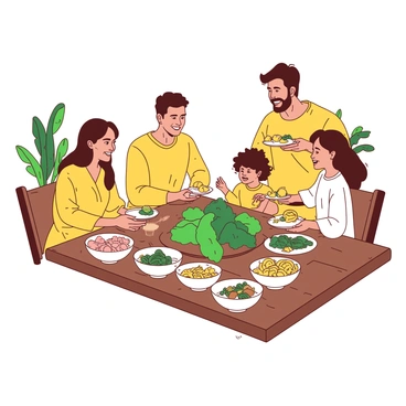 A yellow family is gathered around a wooden dining table, enjoying a meal made entirely of plant-based dishes. The table is adorned with a vibrant spread, including a large green salad in the center, surrounded by bowls of colorful roasted vegetables and steamed greens. Each family member is holding a plate filled with a variety of plant-based foods. Soft, warm lighting creates an inviting atmosphere in the cozy dining room, with a few green houseplants visible in the background. The family members are smiling and engaged in conversation, creating a lively and joyful scene.