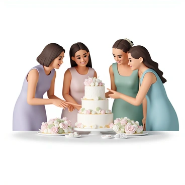 A group of four bridesmaids is gathered around a beautifully decorated wedding cake. Each bridesmaid is wearing a different pastel dress; one in lavender, another in mint green, the third in blush pink, and the last in light blue. The cake is three-tiered, adorned with delicate white icing flowers and golden accents. The bridesmaids are smiling and admiring the cake, with one pointing at the intricate details. The setting features elegant floral centerpieces on the table and soft lighting that enhances the festive atmosphere.