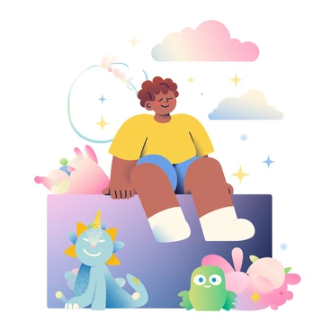 A child sitting on an illustration box, dreaming and imagining a world filled with fantastical creatures.