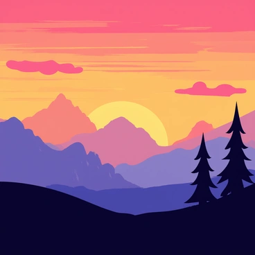 A distant view of a mountain range under a vibrant sunset. The mountains are silhouetted against the sky, showcasing jagged peaks and slopes. The sky is filled with bands of orange, pink, and purple hues, blending together as the sun descends below the horizon. Fluffy clouds are illuminated in warm colors, adding depth to the scene. In the foreground, the silhouette of a pine tree adds an element of nature to the composition.