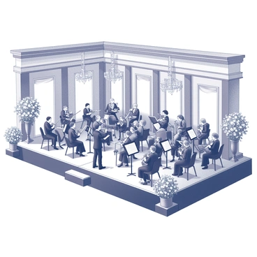 A large symphony orchestra is performing on a stage within a grand hall. Musicians are seated in organized rows, each playing their respective instruments, such as violins, cellos, and brass. The conductor stands at the front, guiding the performance with a baton. The hall is adorned with numerous floral arrangements, including elaborate displays of flowers positioned around the stage and in decorative vases along the aisles. The architecture of the hall features high ceilings, ornate moldings, and elegant chandeliers hanging down, adding to the ambiance of the scene.